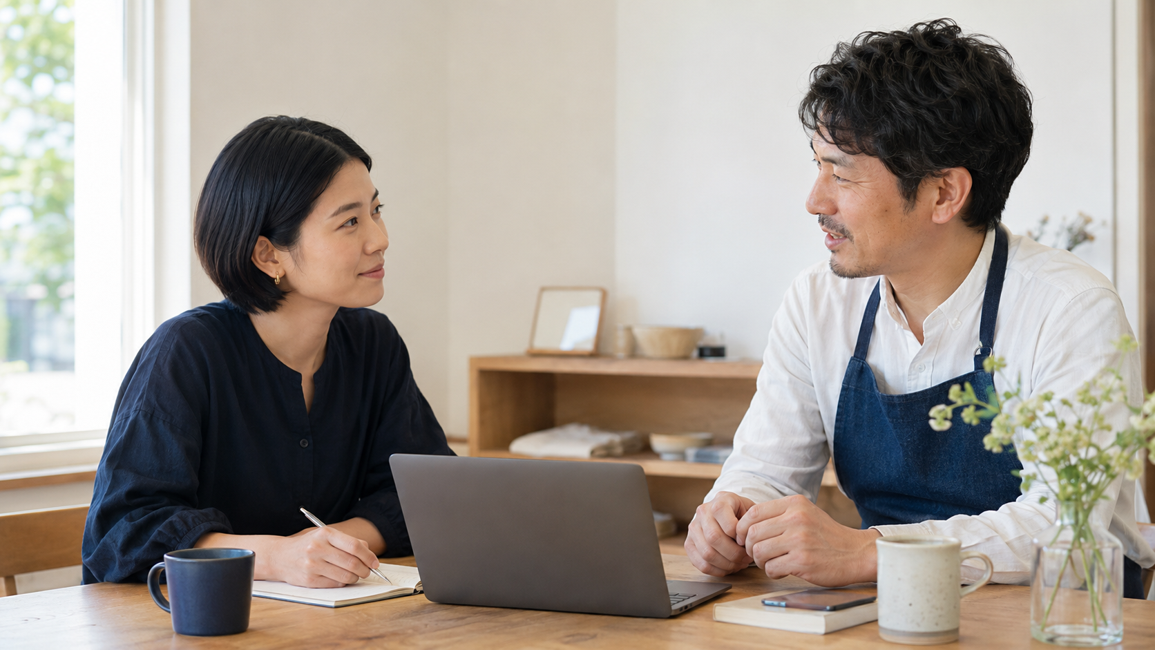 作り手とお店の店主がノートパソコンを挟んで相談する様子