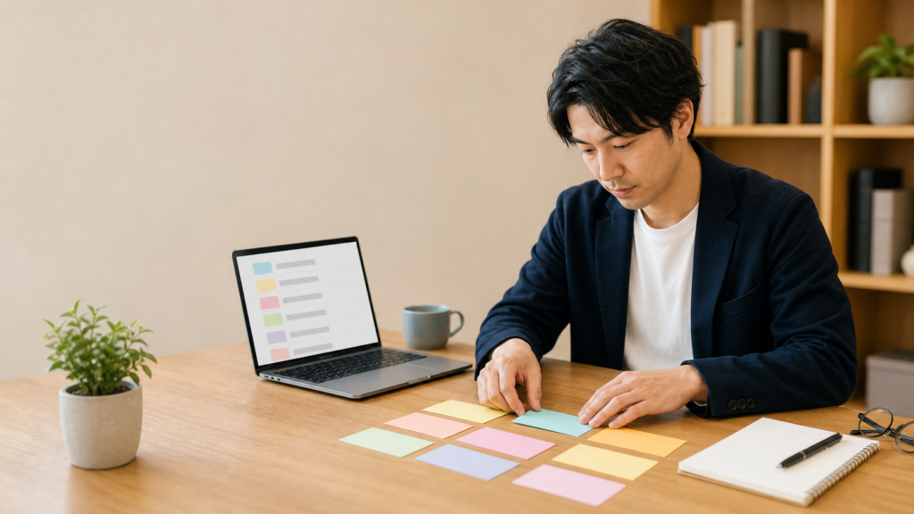 色分けしたカードとノートパソコンでブログのカテゴリーを考える事業者