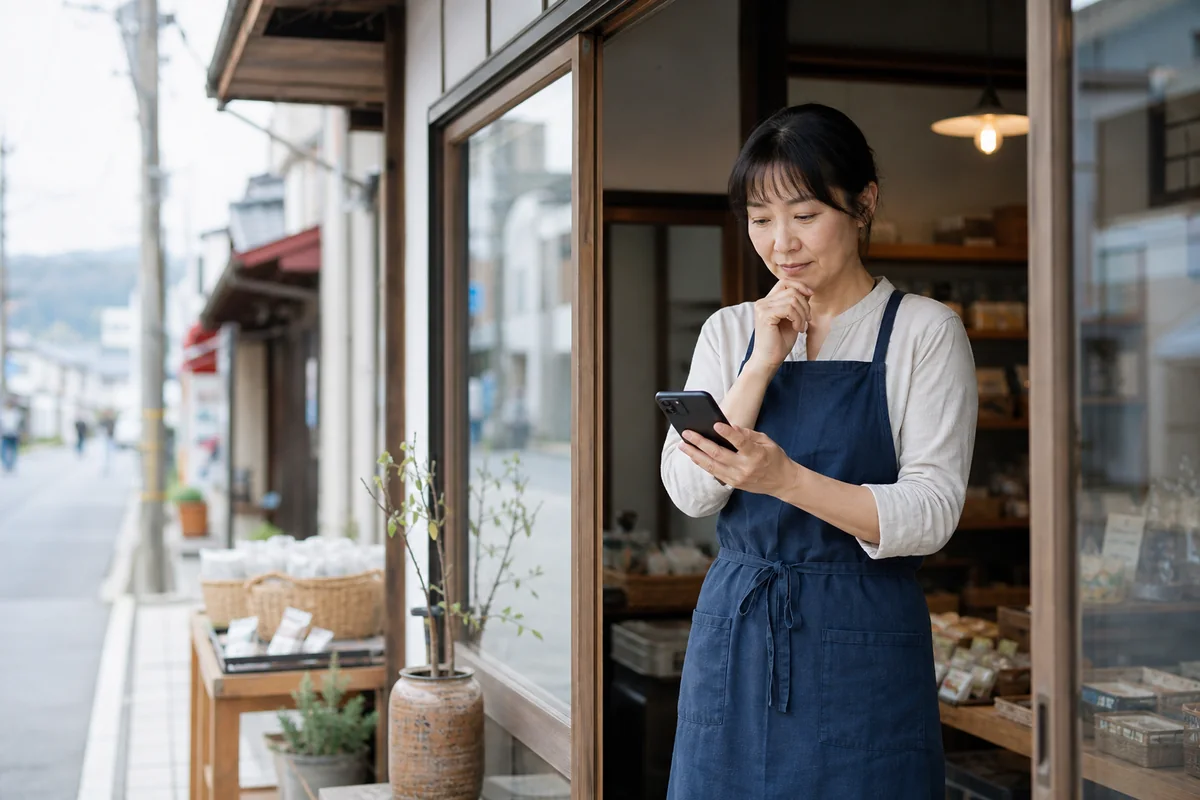 店頭でホームページを見つける人を考えながらスマートフォンを見る店主