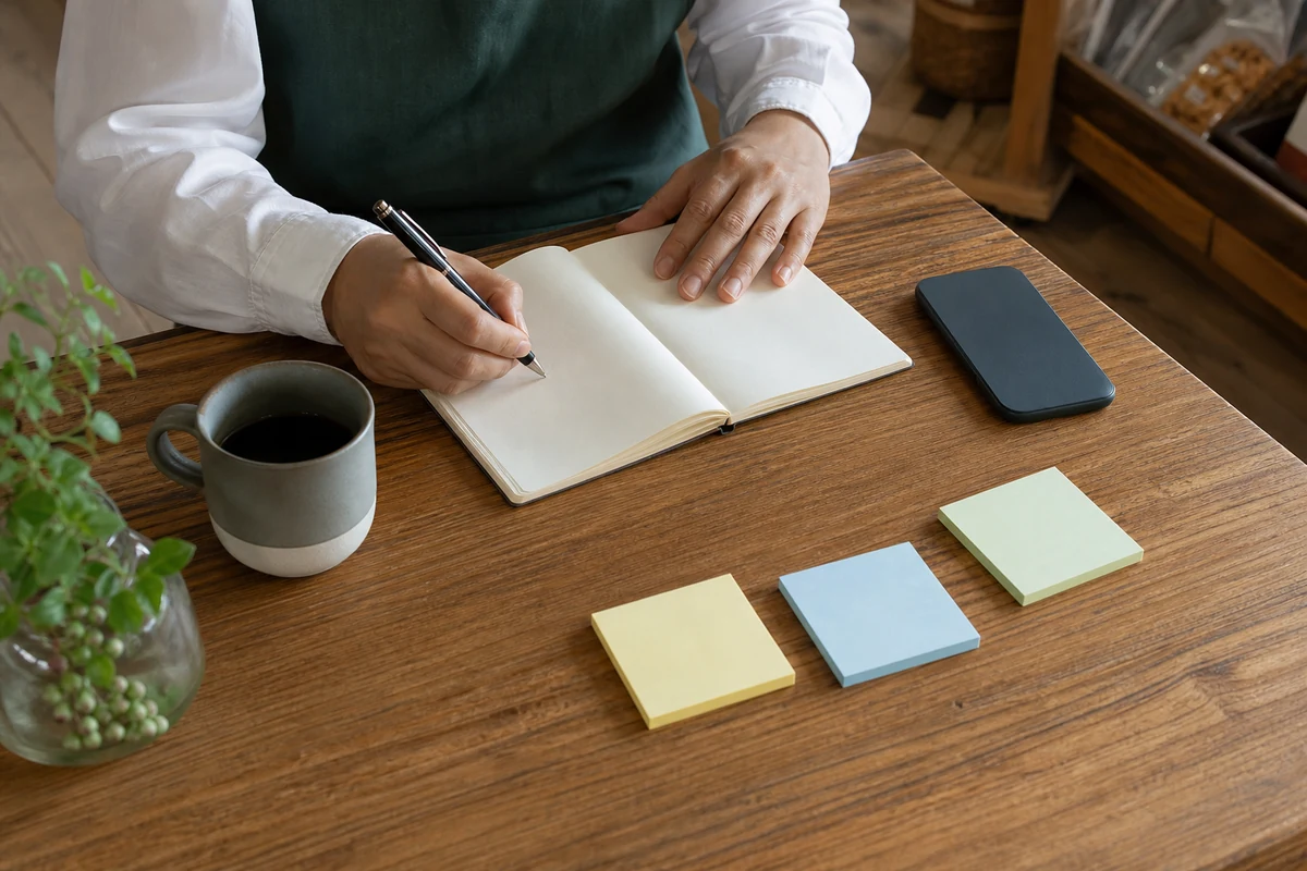 ホームページ制作で困っていることをノートに書き出している手元