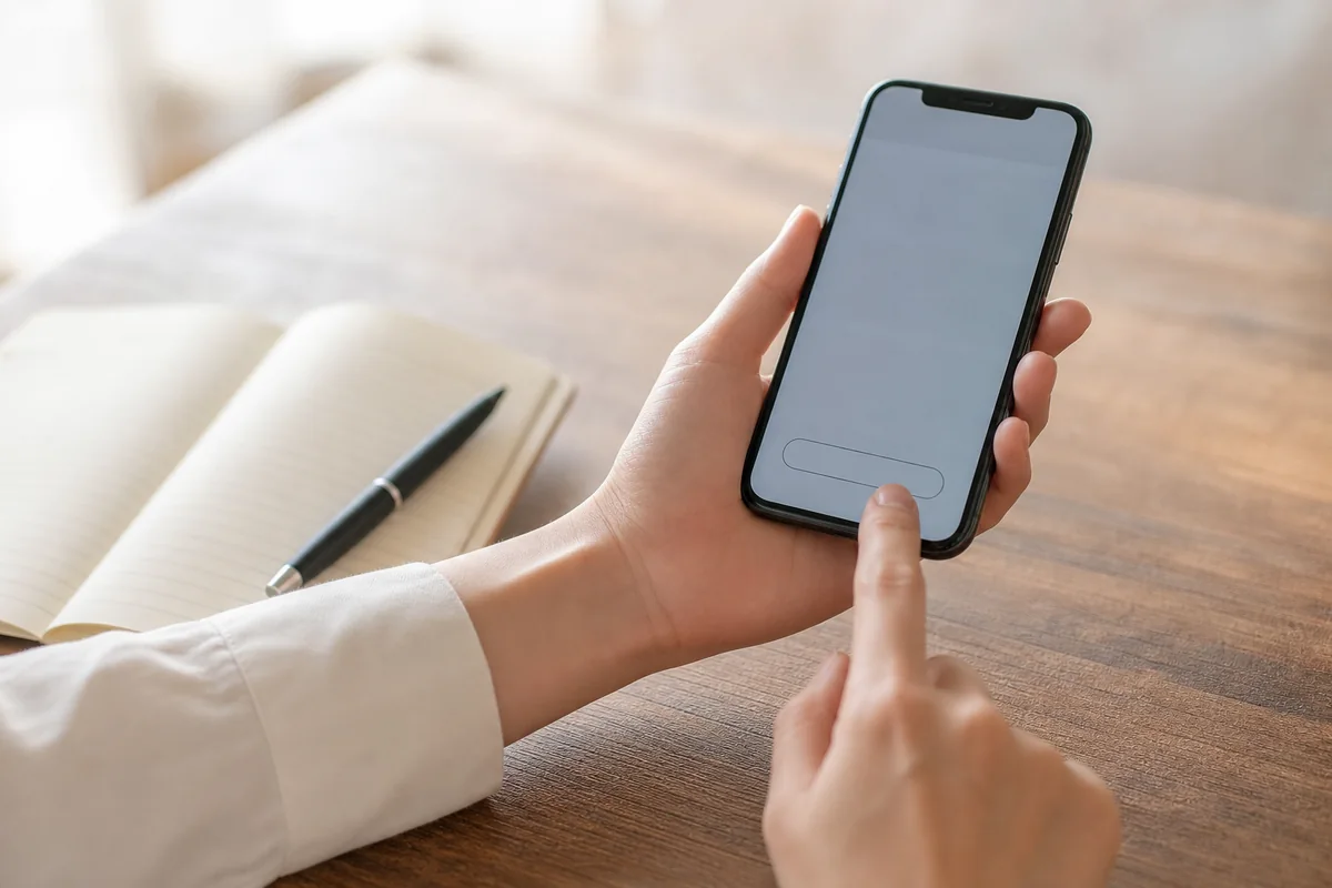 スマートフォンで問い合わせボタンを確認している手元