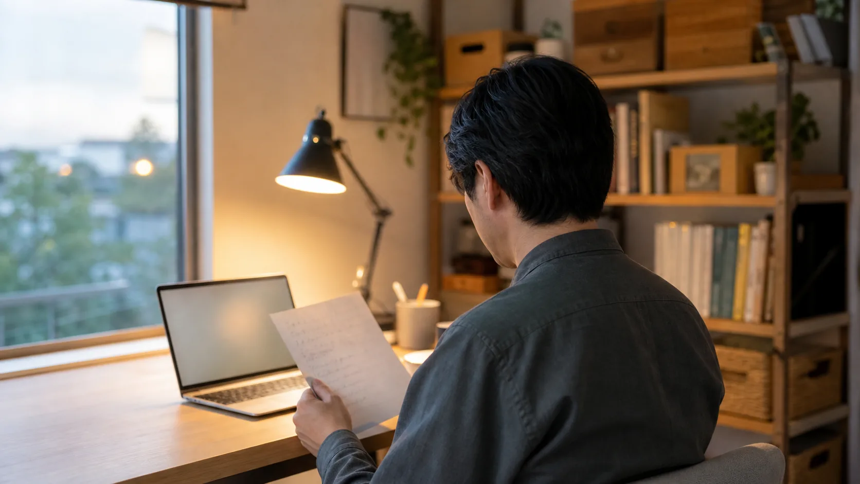 問い合わせ内容を確認しながら返信を準備する後ろ姿