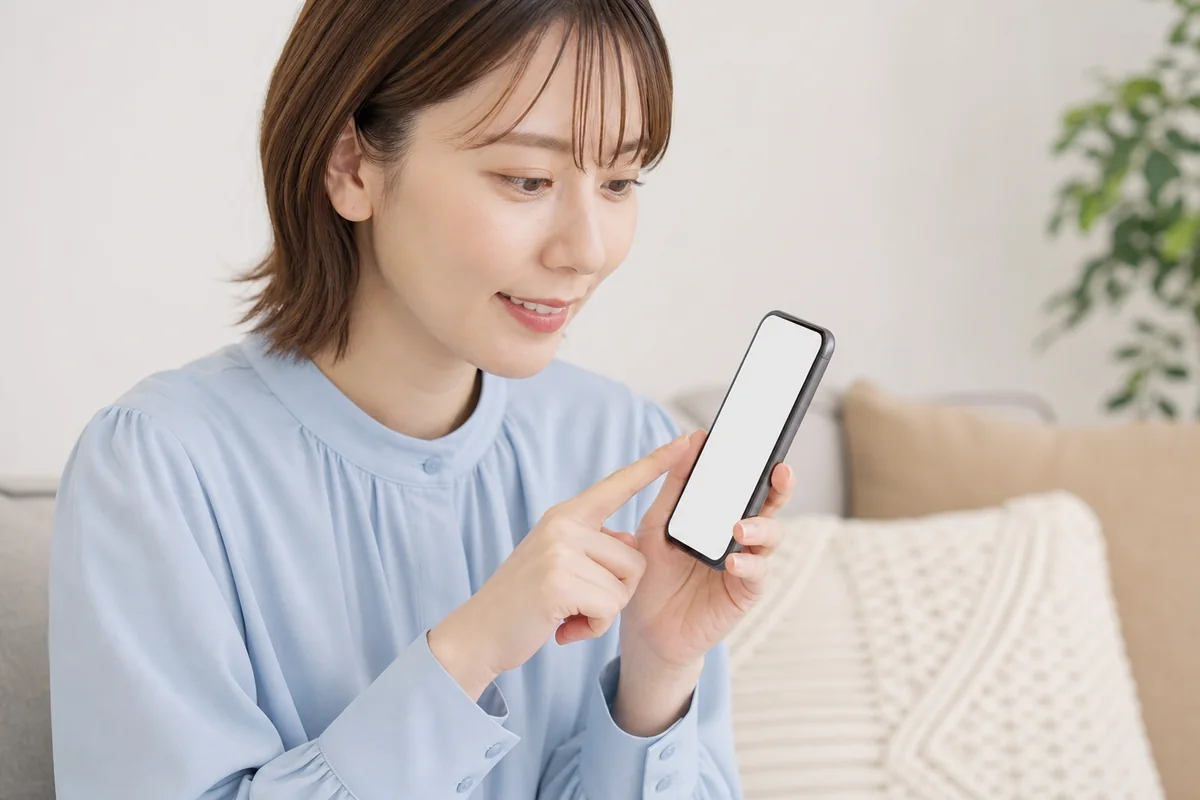 広告から開くホームページをスマートフォンで確認している人