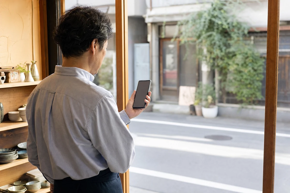店舗の場所を確認しながらWeb広告の地域導線を考えている店主