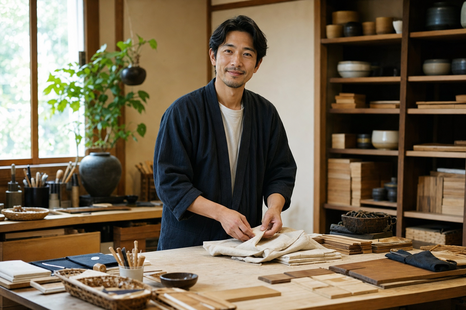 作業場で準備をする教室の講師