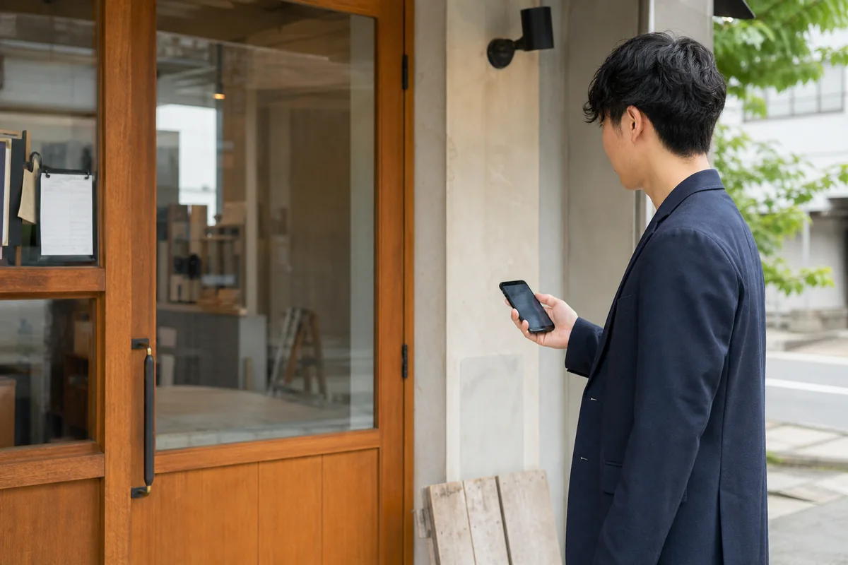 店舗前で場所と営業時間の情報を確認している人