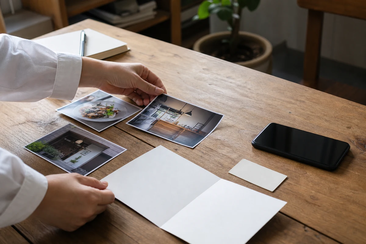 ホームページ制作の打ち合わせ用に写真や紙の案内を並べている手元