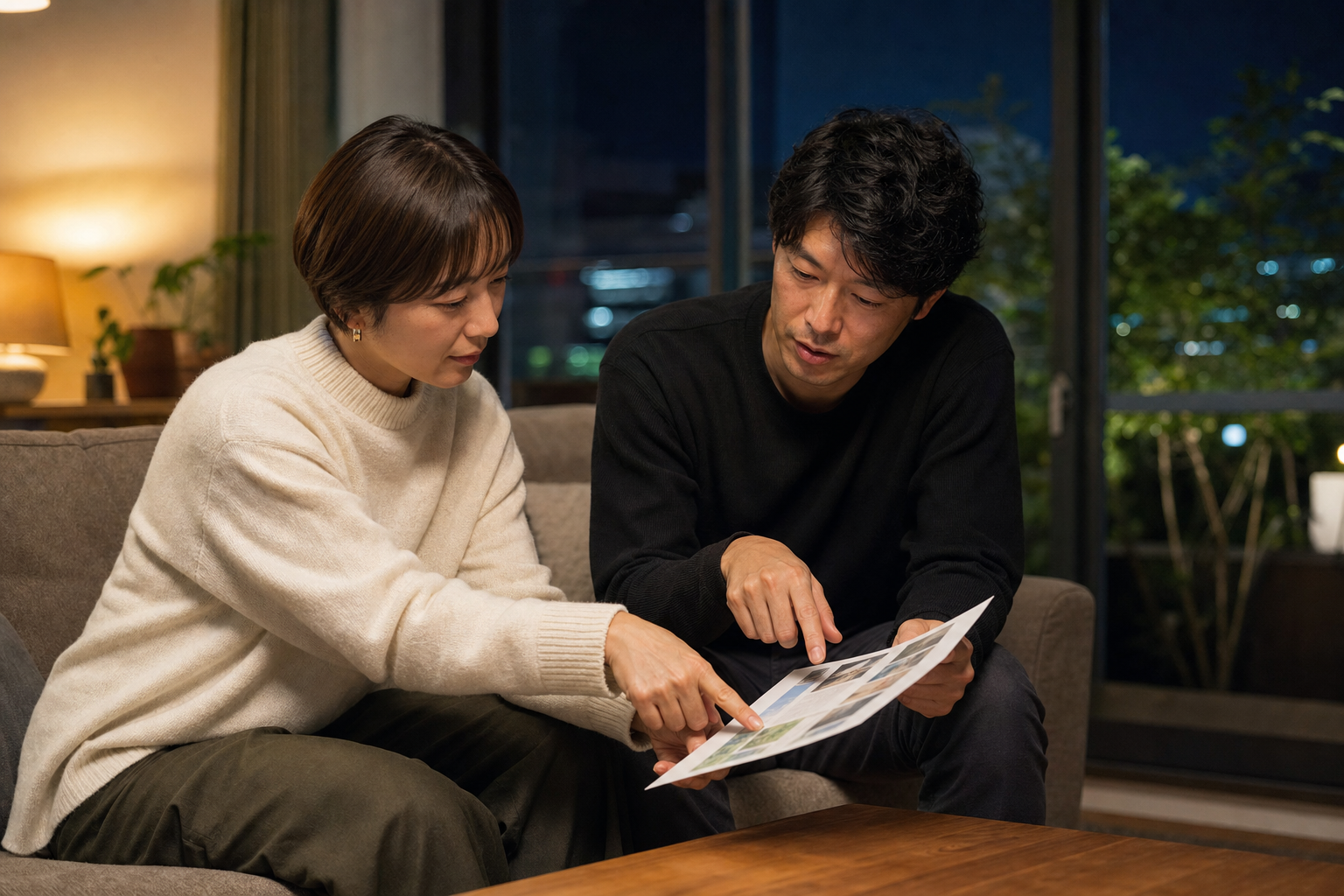 印刷したウェブページを見ながらプロフィールを確認する二人