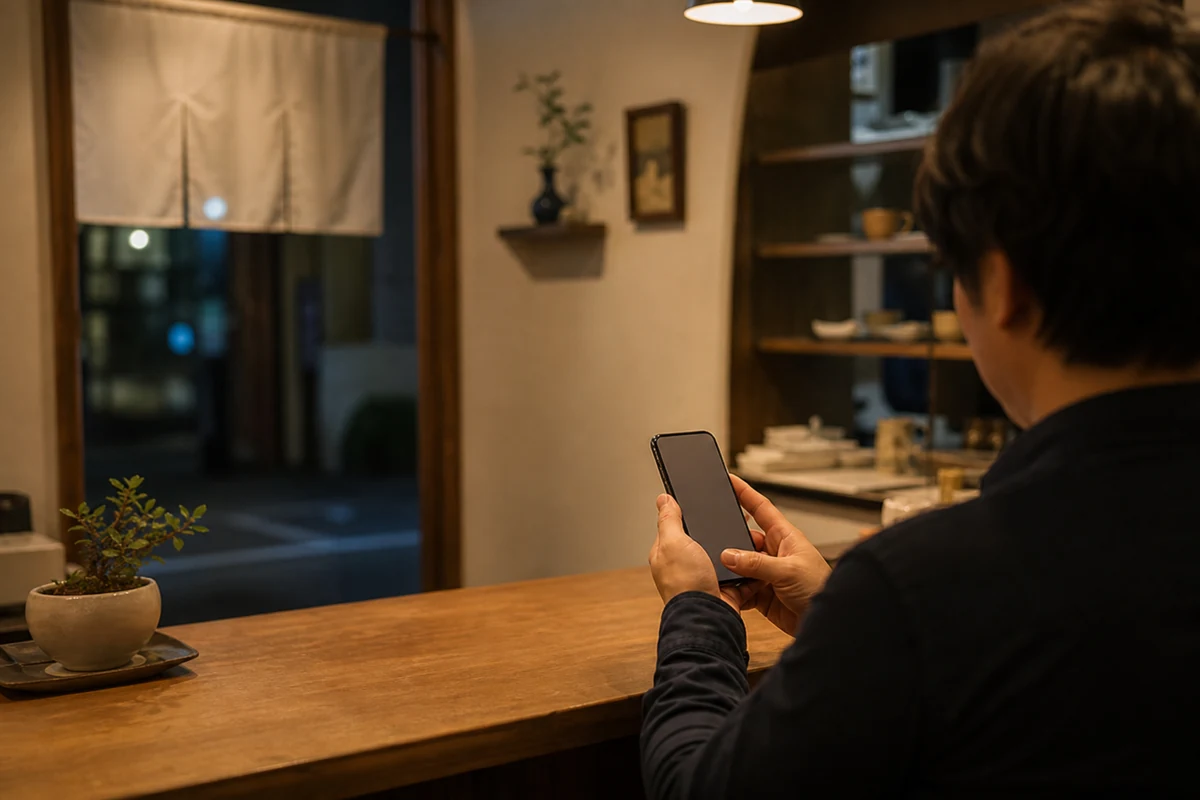 閉店後にスマートフォンでホームページのお知らせを更新している店主の様子