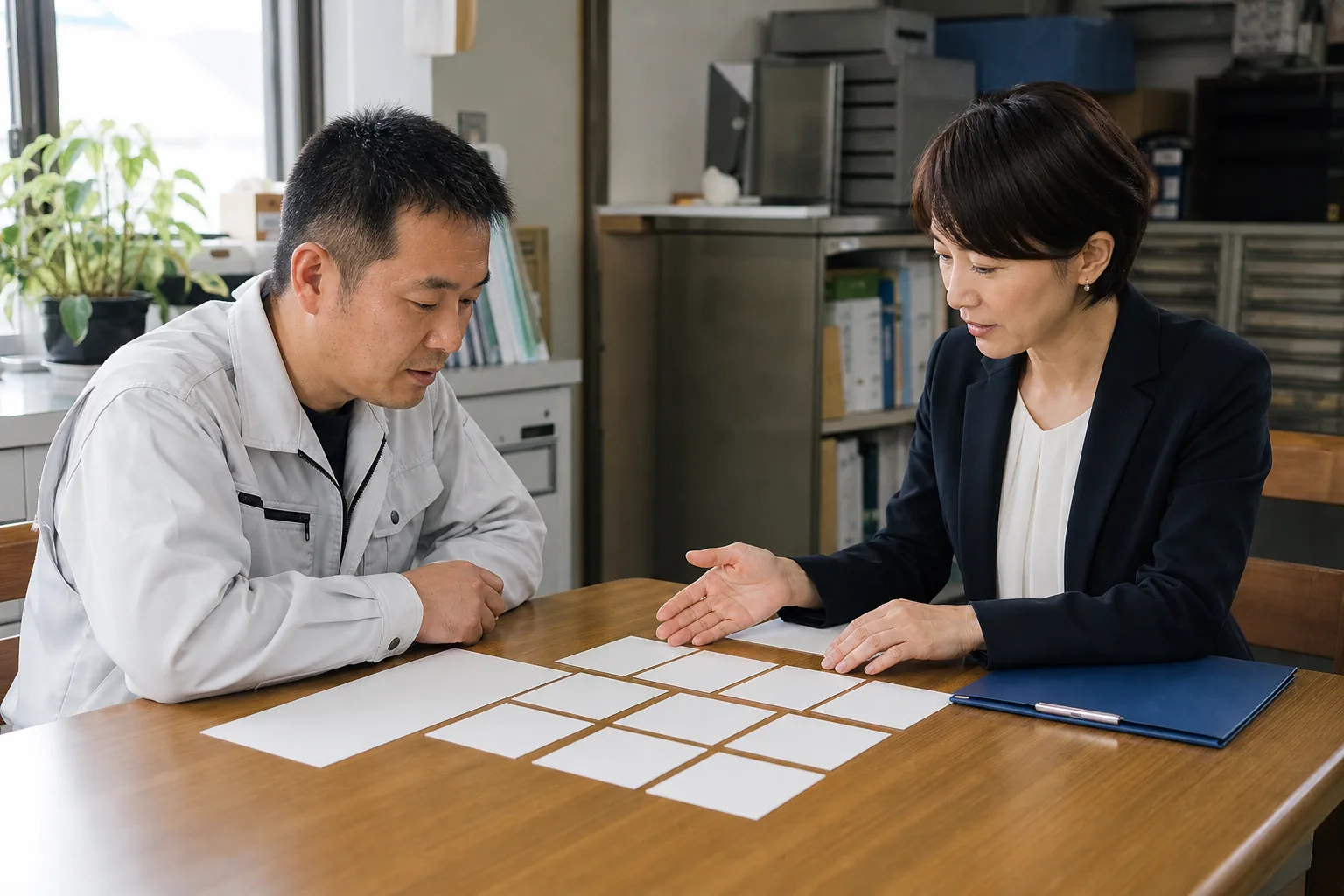 店主とスタッフがサービス内容の具体的な説明を確認している様子