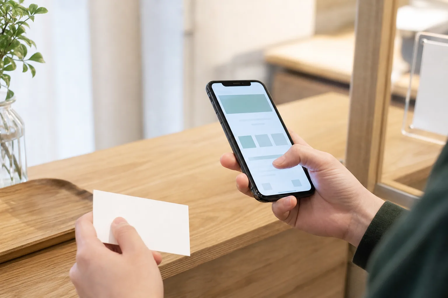 名刺から案内ページを開き、連絡先とサービス内容を確認する手元