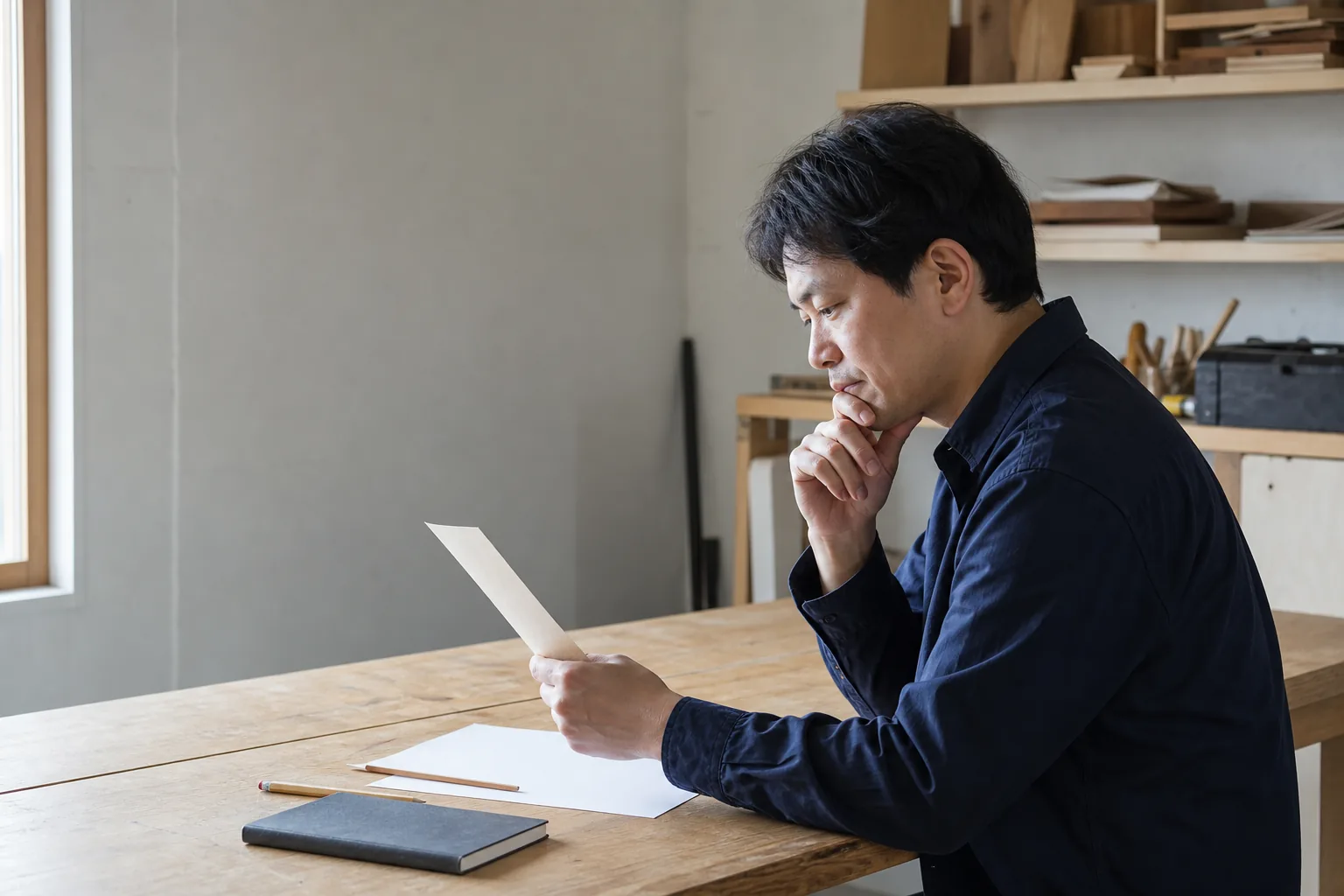紹介案件のメモを見ながらホームページの必要性を考える個人事業主