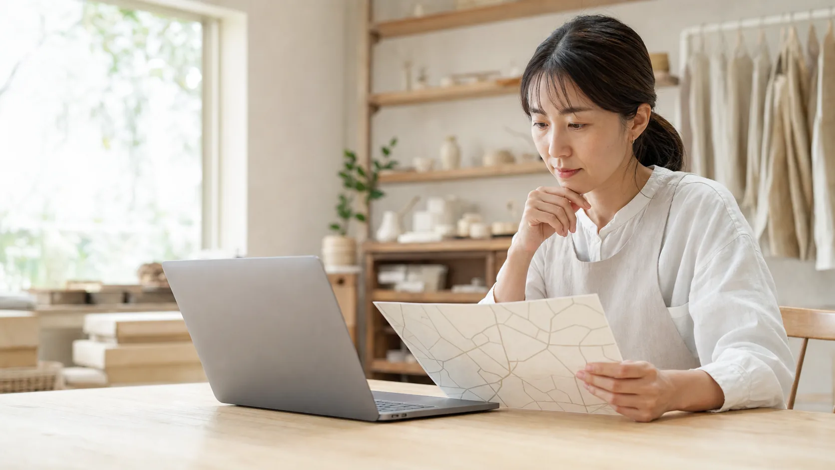 ノートPCと地図を前に商圏を考えるお店・教室の店主