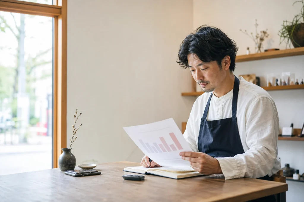 ノートと紙のグラフを見ながら広告の反応を確認する店主