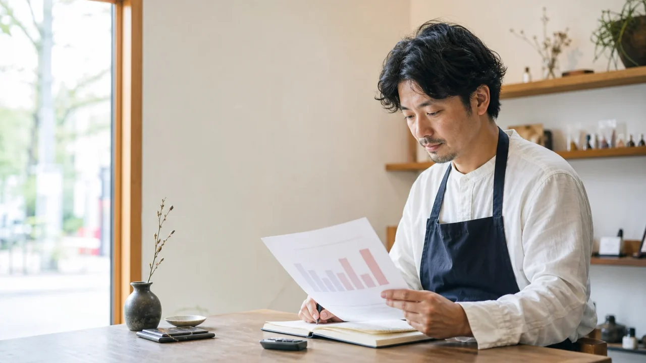 ノートと紙のグラフを見ながら広告の反応を確認する店主