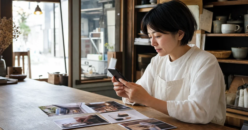 スマホで店の写真を選びホームページに載せる内容を整理する店舗オーナー