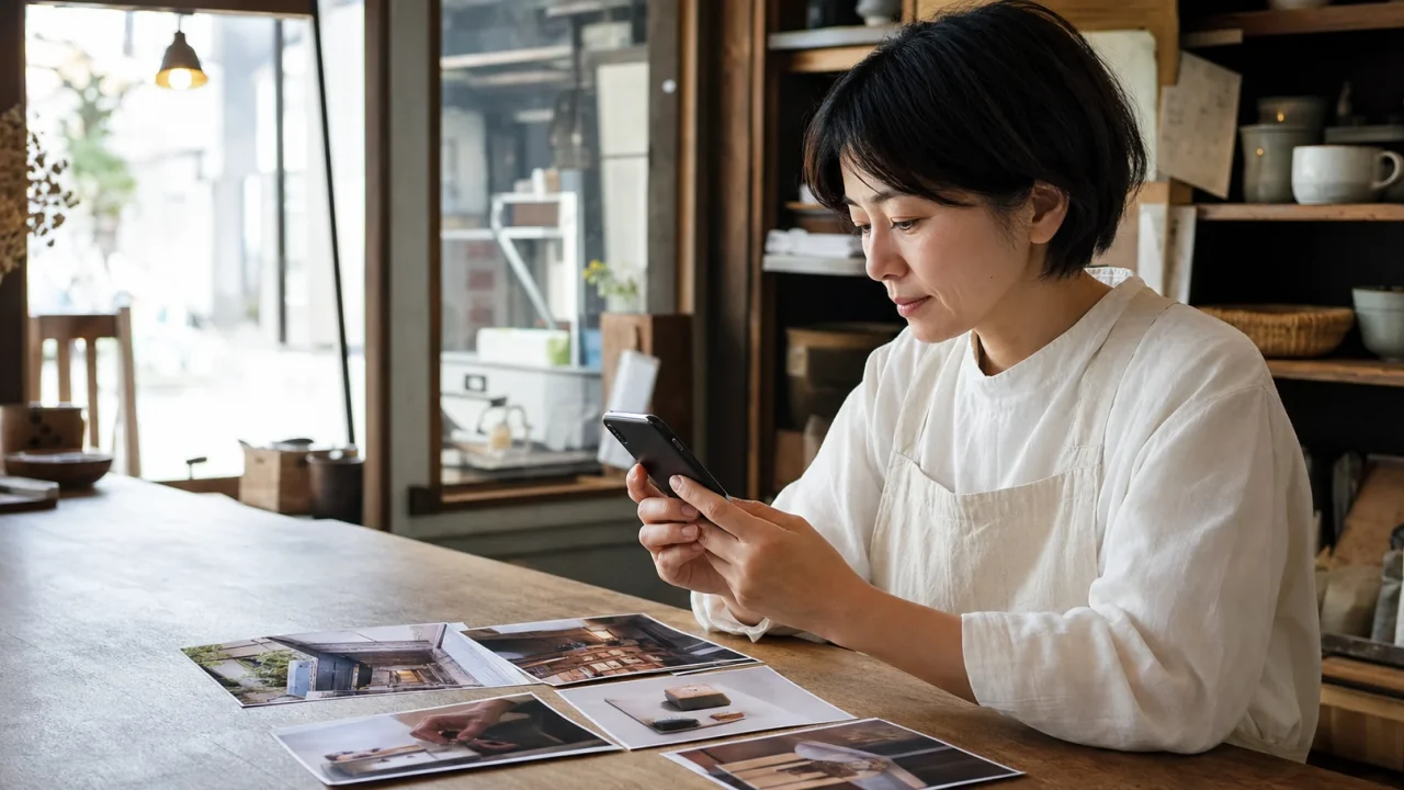 スマホで店の写真を選びホームページに載せる内容を整理する店舗オーナー