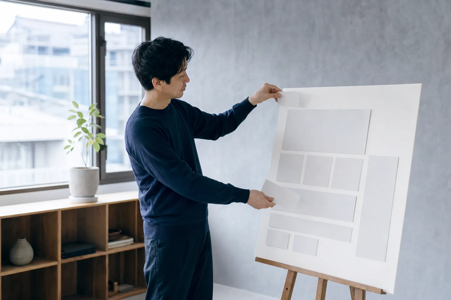 事業者がページ構成の案を見ながら掲載順を確認する様子