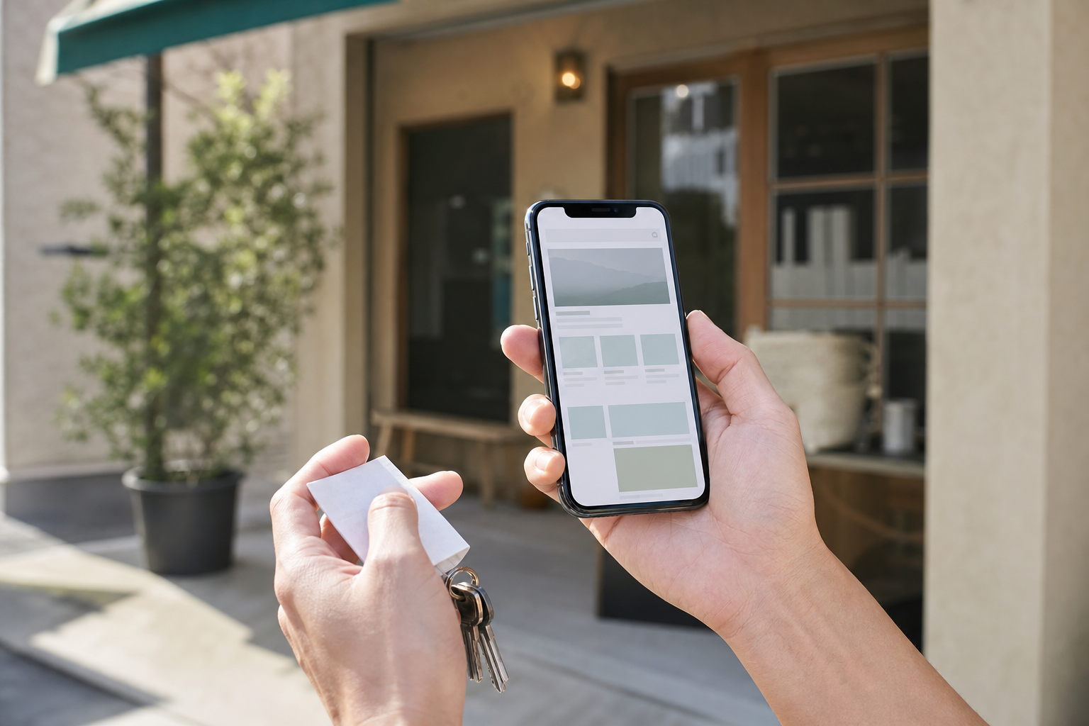 店先でスマートフォンのホームページ表示を確認する手元