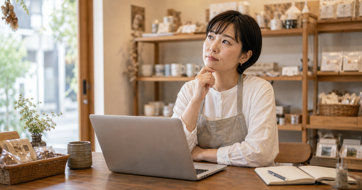 小さなお店の店主がノートパソコンを前にホームページへ載せる内容を考えている様子