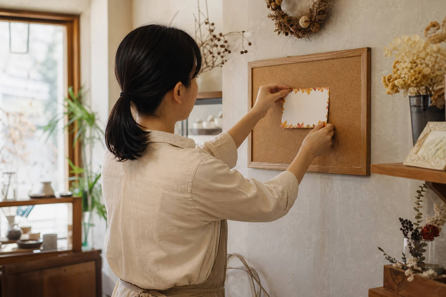 新しいお知らせを掲示板に追加している店主の様子