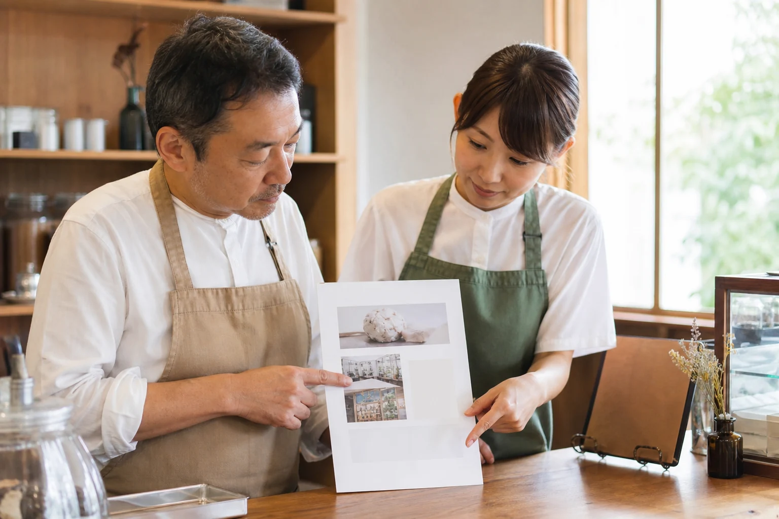 お知らせの内容を相談しながら確認している様子