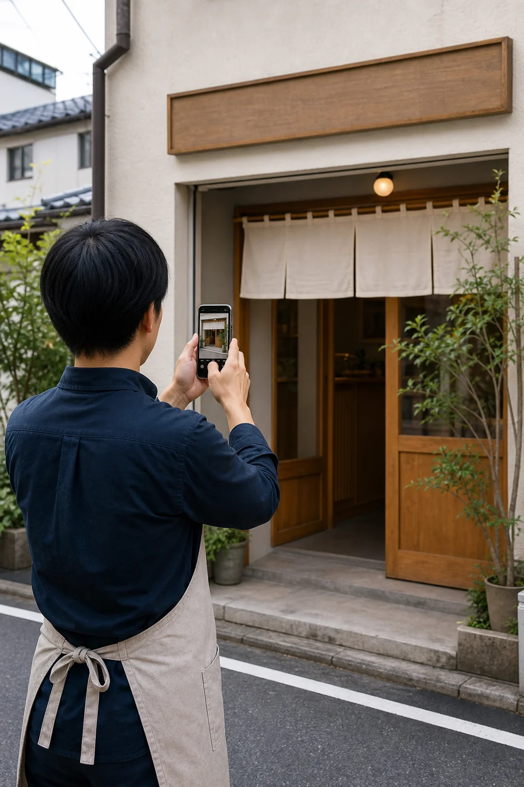 初めての人が場所を確認できるよう店舗入口をスマホで撮影する様子