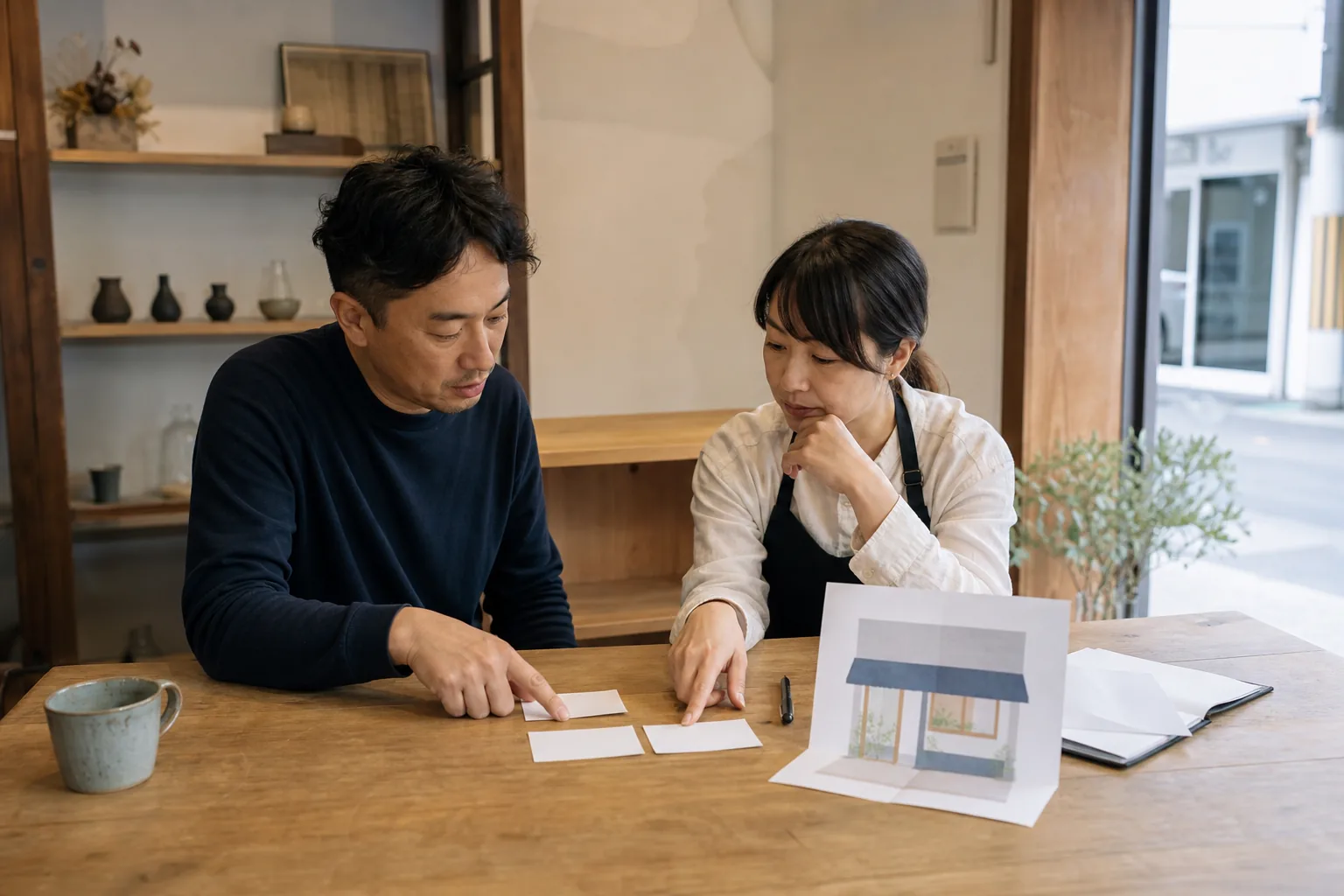 開業前に届ける相手と案内を話し合う二人