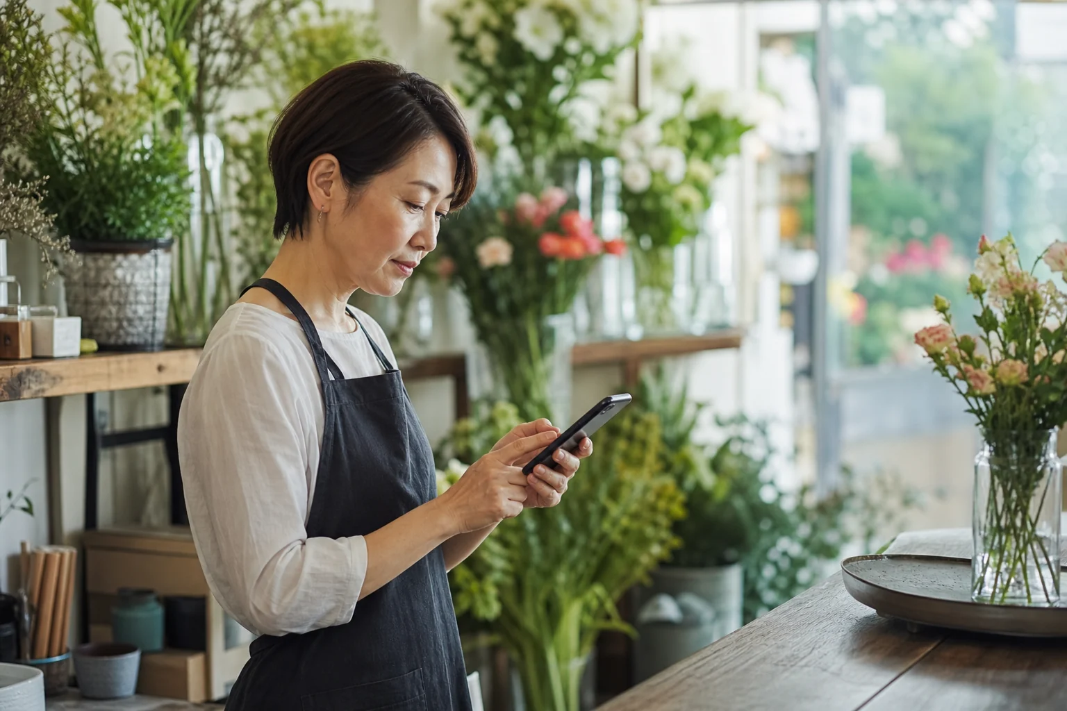 スマホでお店の案内ページを確認する店主