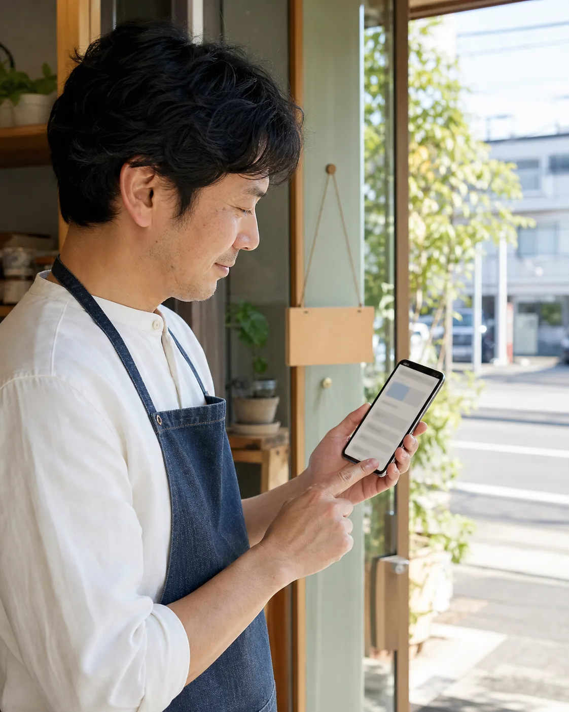 店舗情報が表示されたスマホを確認する店主