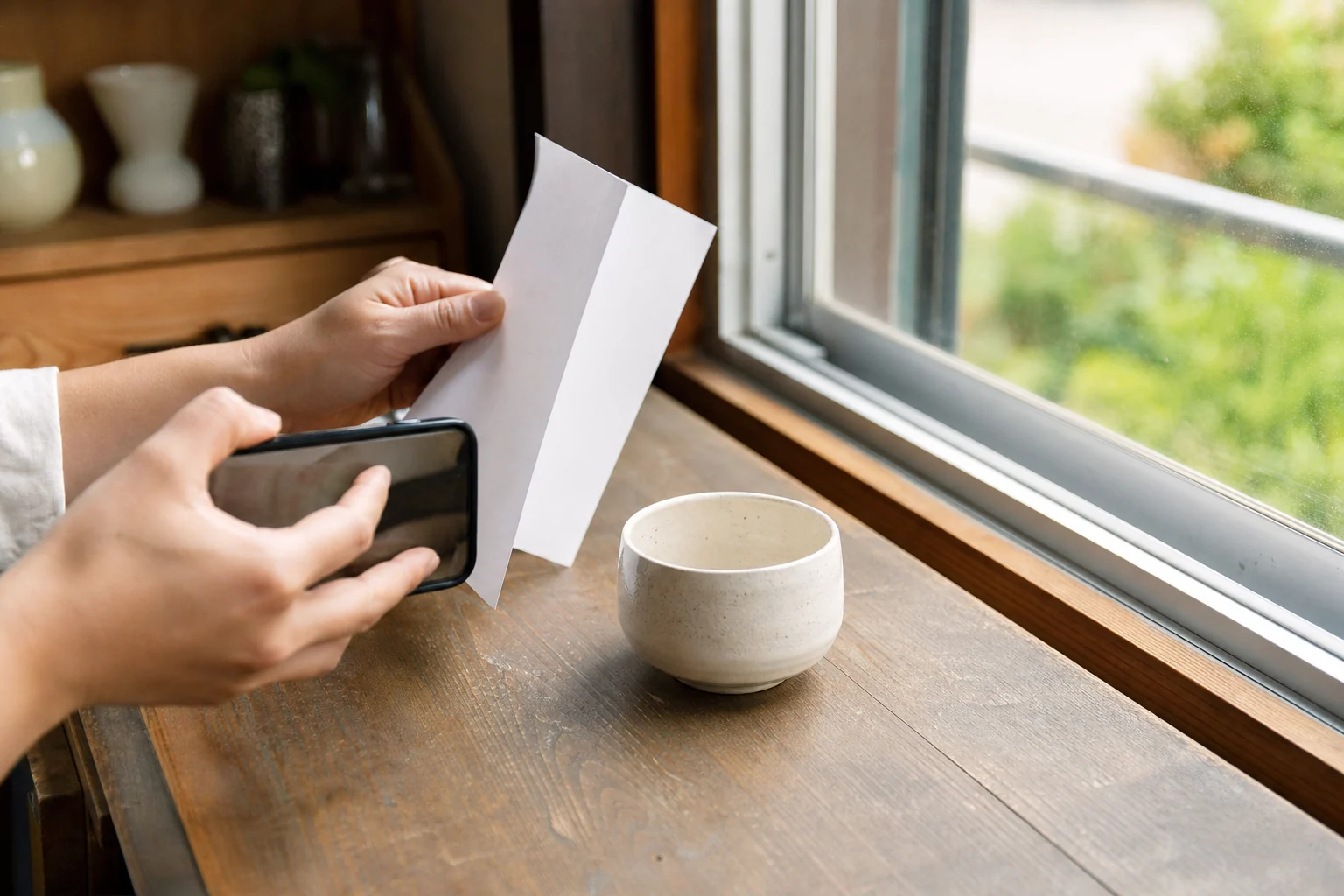 窓際の自然光でスマホ撮影を準備する手元