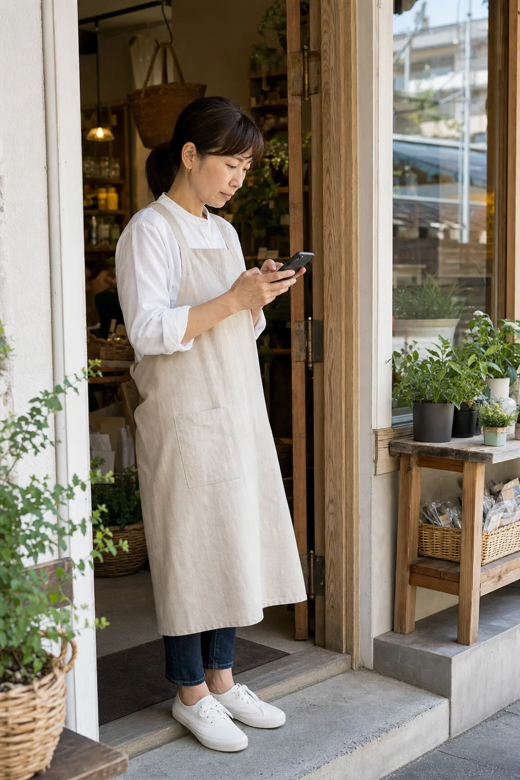 店舗オーナーがスマホで問い合わせ導線を確認している場面