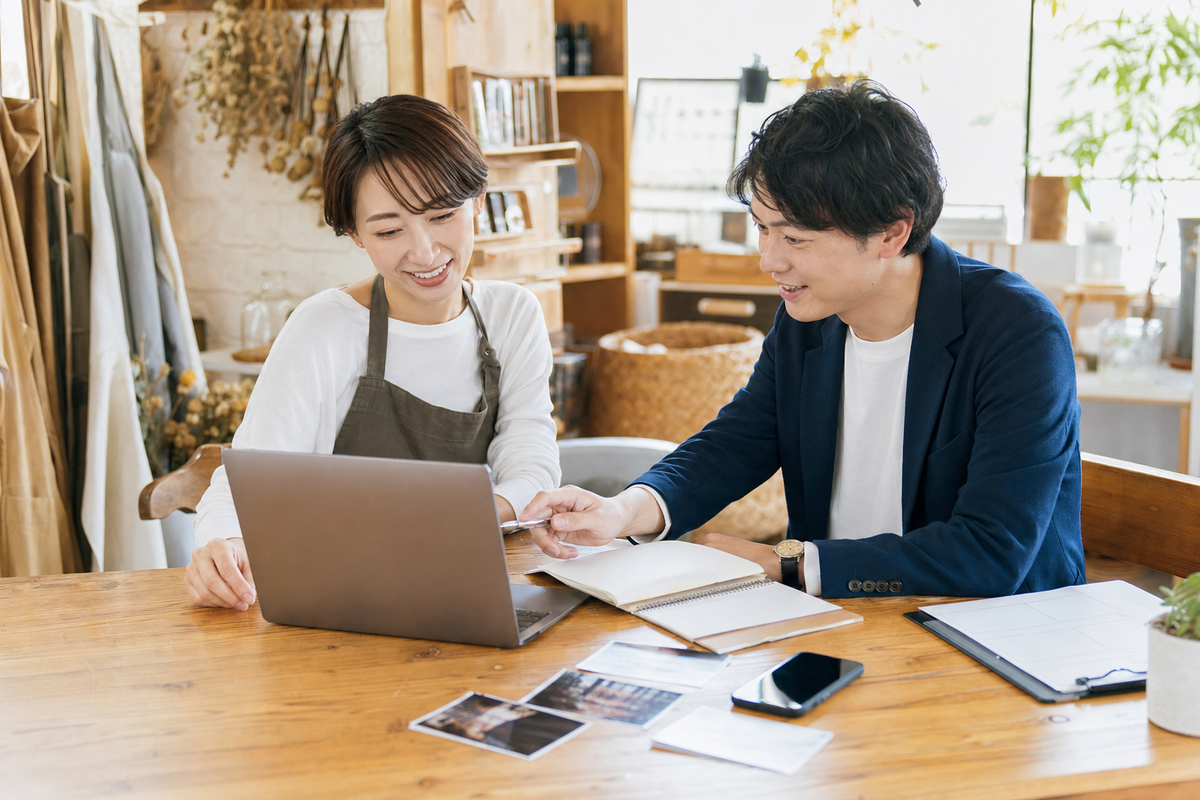 ホームページ制作に必要な情報を相談しながら一緒に整理している様子