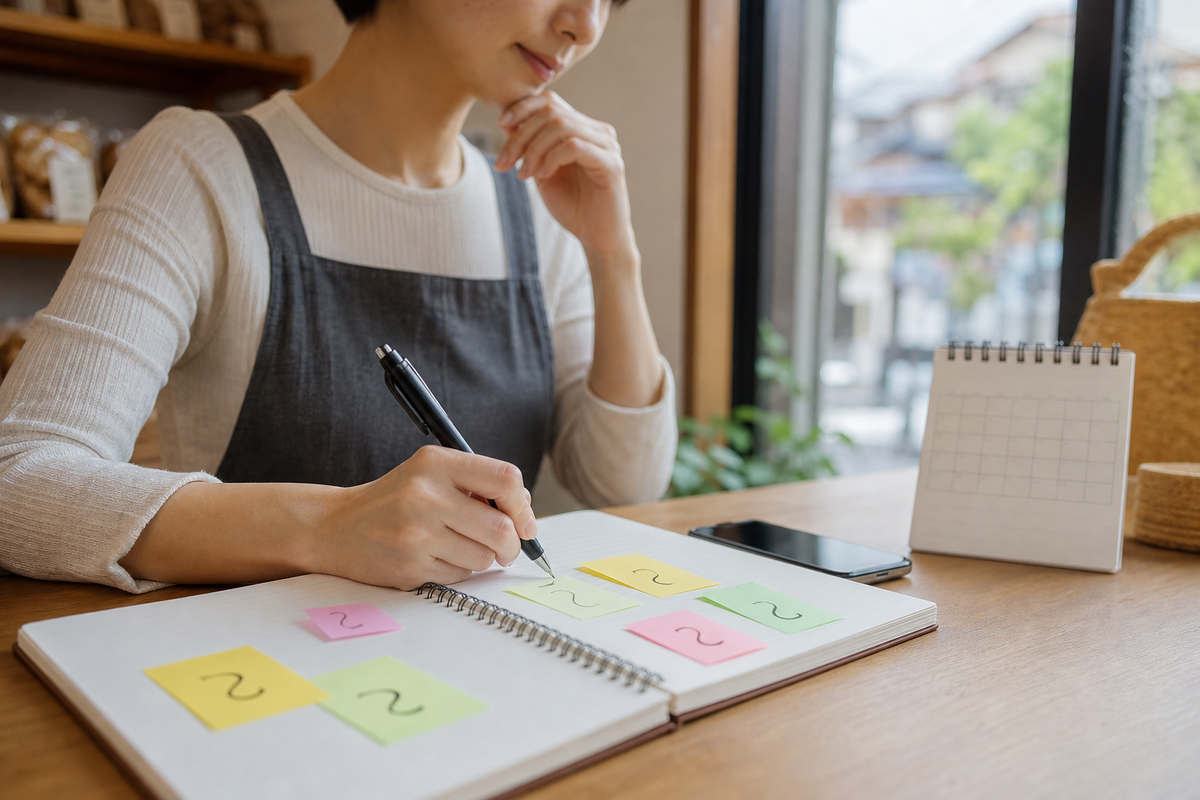 ホームページに載せるよくある質問をノートに整理している様子
