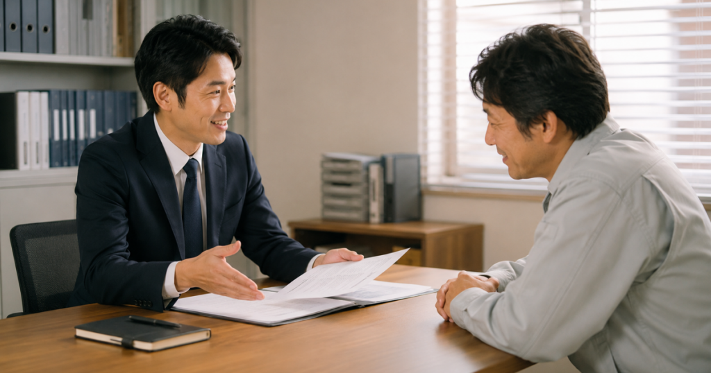 士業の先生が相談者に落ち着いた様子で説明している事務所の相談テーブル