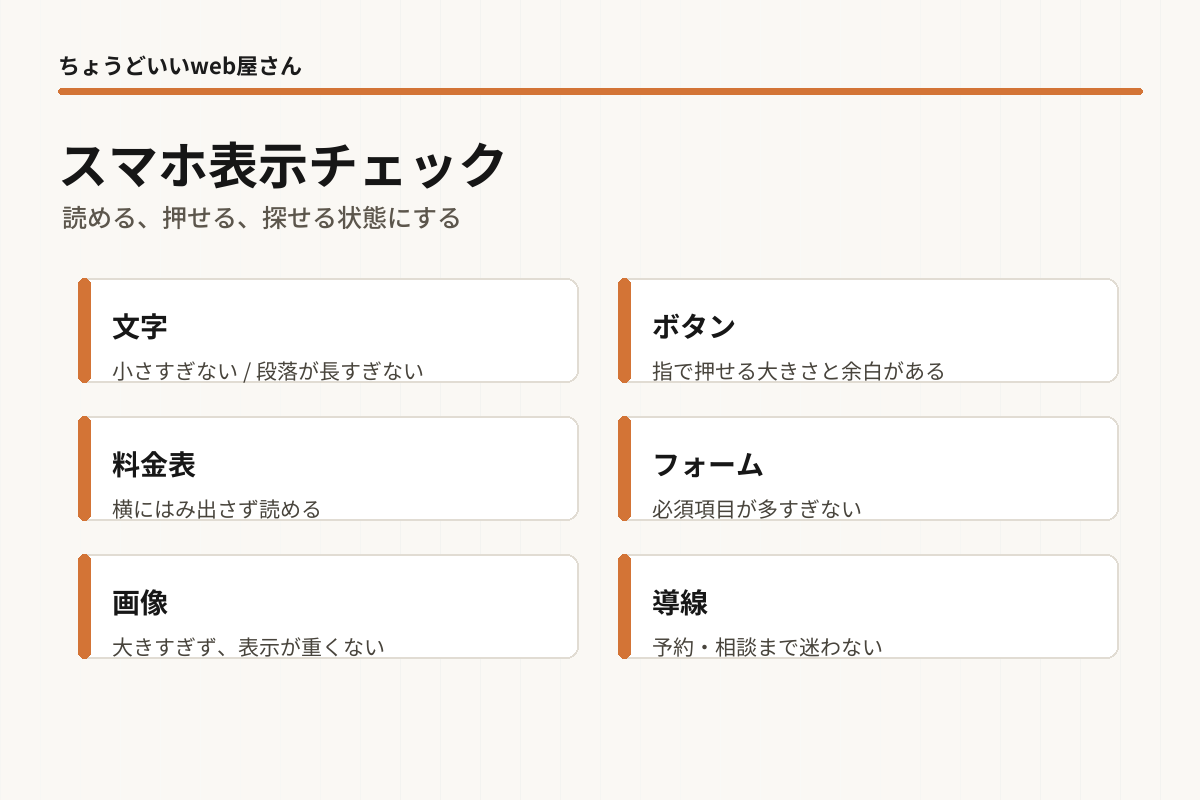 スマホ表示で確認したい文字、ボタン、料金表、フォームのチェックリスト