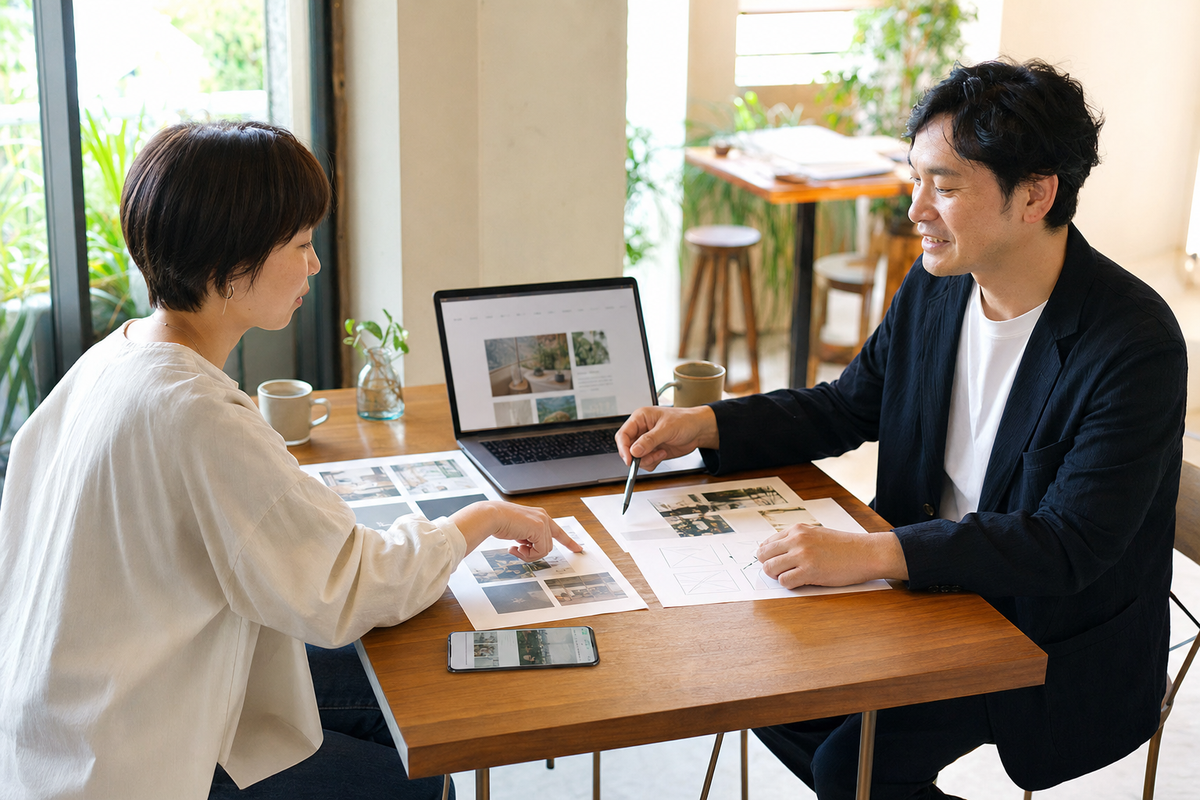 参考サイトを見ながら事業に合うホームページの方向性を相談する様子