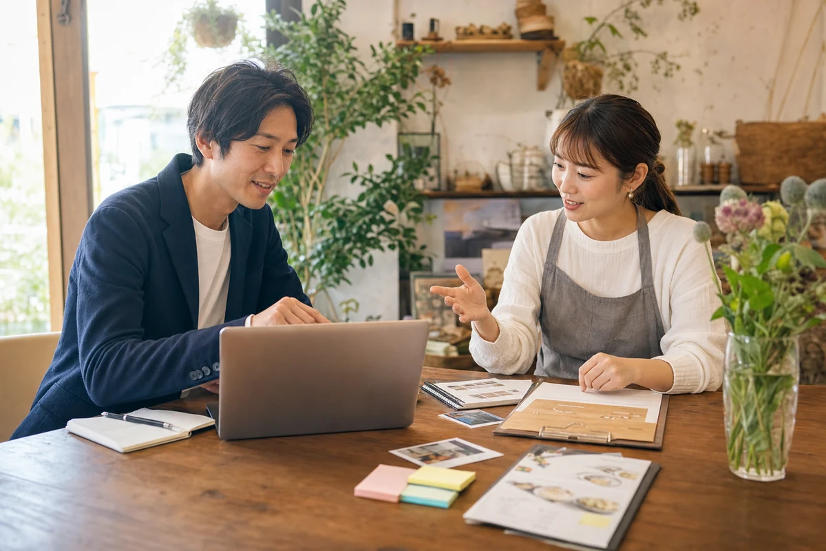 店主と制作者がホームページ文章のたたき台を相談する様子