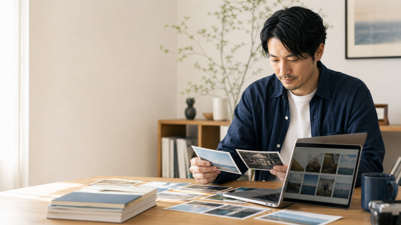 写真を選びながらホームページ用の画像を整理する作業者