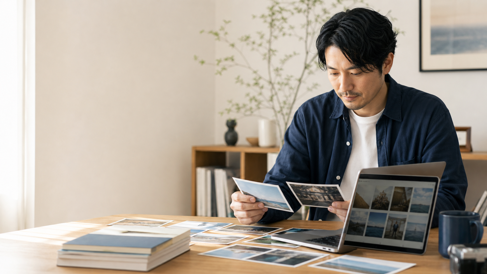 写真を選びながらホームページ用の画像を整理する作業者