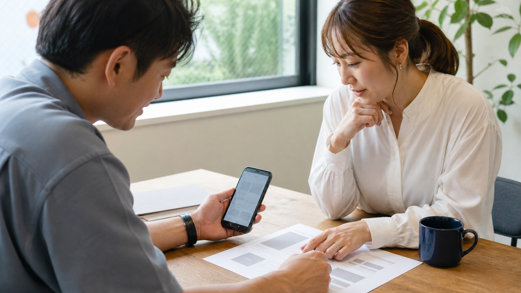 スマホ表示とホームページの導線を一緒に確認する二人