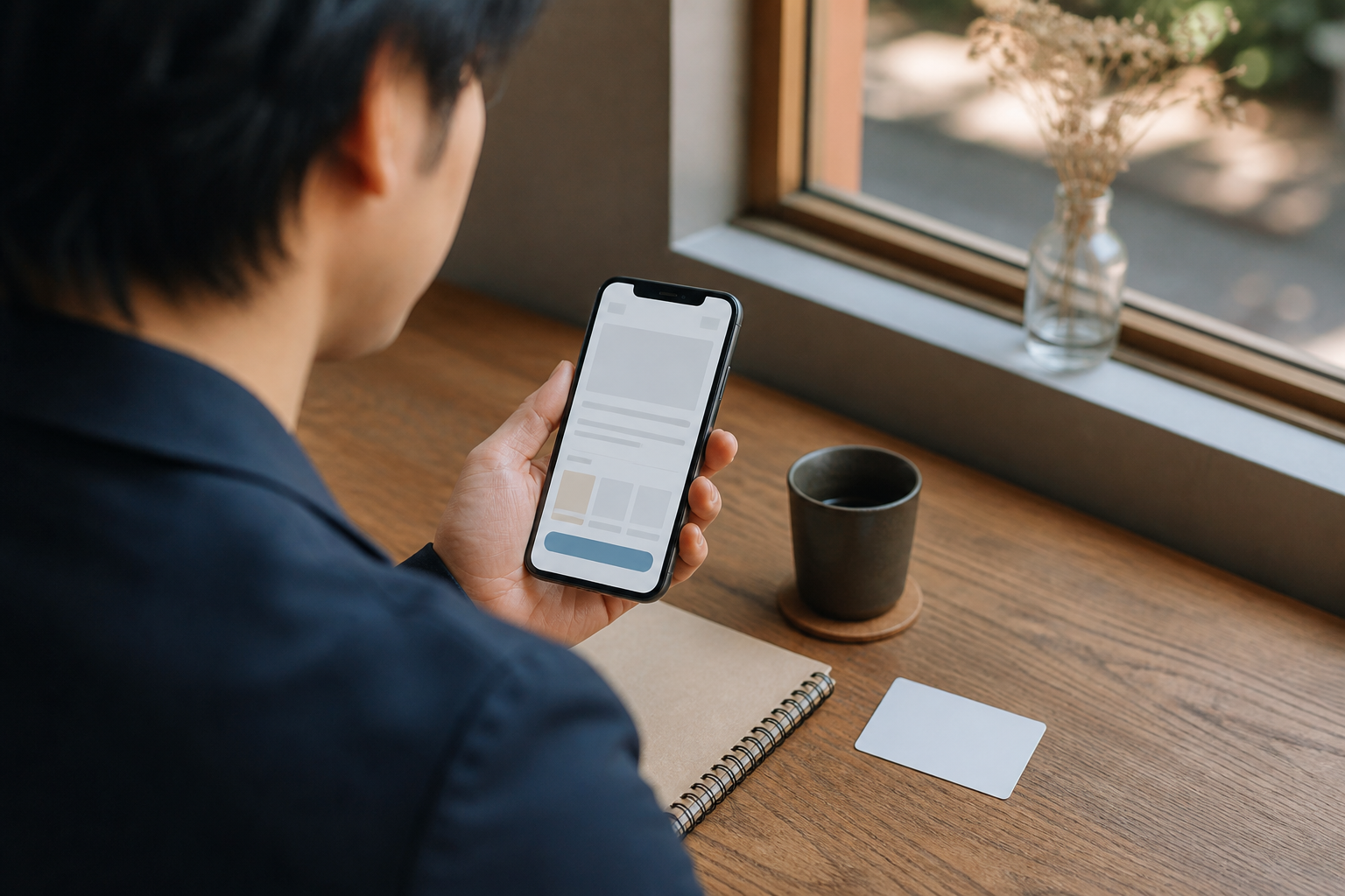 スマホでホームページの連絡先を確認する様子